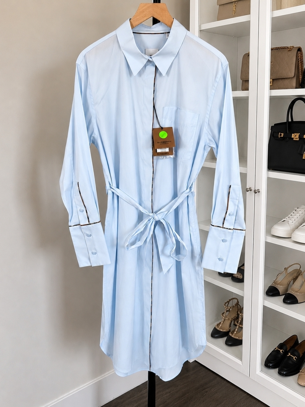🌟Burberry Light Blue Cotton Shirt Midi Dress with Tie Waist